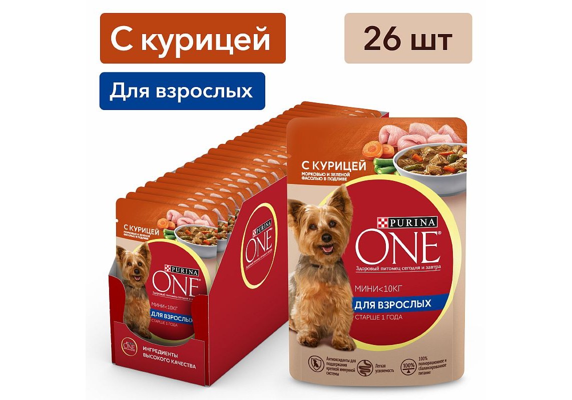 PURINA ONE ADULT / Влажный корм Паучи Пурина УАН для взрослых собак мелких  пород с курицей (цена за упаковку) 85г х 26шт купить в Москве по низкой  цене 940₽ | интернет-магазин ZooMag.ru