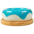 Mr.Kranch Bamboo / Миска Мистер Кранч Керамическая Пончик Керамическая голубая на бамбуковой подставке