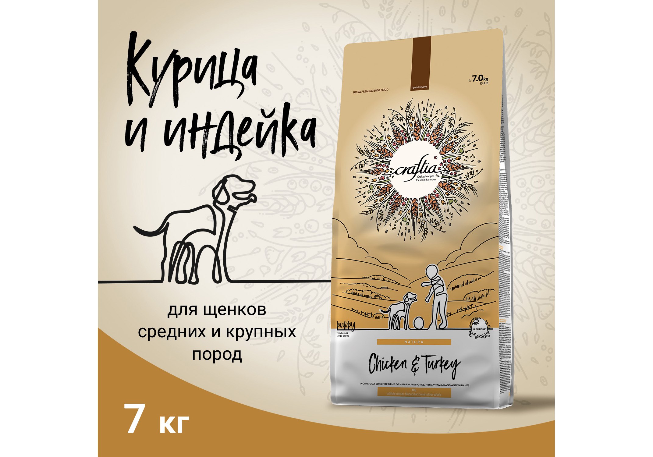 Craftia Natura Puppy Medium & Large Breed Chicken & Turkey / Сухой корм  Крафтия для Щенков Средних и Крупных пород Курица индейка 7 кг купить в  Москве по низкой цене 5 518₽ |