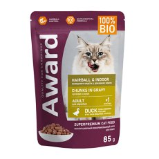 Award Hairball & Indoor / Влажный корм Паучи Авард для взрослых Домашних кошек для Выведения шерсти Кусочки в соусе с Уткой (цена за упаковку)