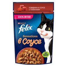 FELIX SENSATIONS / Влажный корм Паучи Феликс Сенсейшенс в соусе для взрослых кошек с говядиной (цена за упаковку)