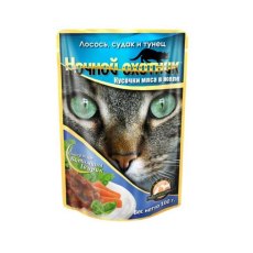 Ночной охотник / Влажный корм Паучи для кошек Лосось Судак Тунец кусочки в желе (цена за упаковку)