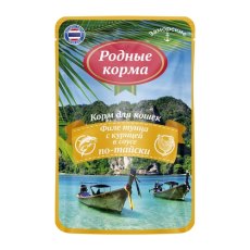 Родные Корма / Паучи Заморские для кошек Тунец с курицей в соусе по-тайски (цена за упаковку)