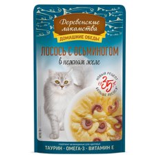 Деревенские лакомства Домашние обеды / Паучи для кошек Лосось с Осьминогом в нежном желе (цена за упаковку)