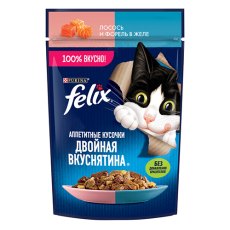 FELIX АППЕТИТНЫЕ КУСОЧКИ ДВОЙНАЯ ВКУСНЯТИНА / Влажный корм Паучи Феликс Аппетитные кусочки для взрослых кошек с лососем и форелью (цена за упаковку)