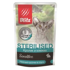 Blitz Sensitive Urinary Care Sterilised / Паучи Блиц для взрослых Стерилизованных кошек Кролик и клюква кусочки в соусе (цена за упаковку)