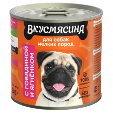 Вкусмясина / Влажный корм Консервы для собак Мелких пород с Говядиной и ягненком (цена за упаковку)