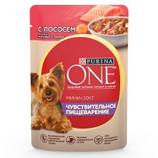 PURINA ONE MINI / Влажный корм Паучи Пурина УАН для взрослых собак мелких пород при чувствительном пищеварении с лососем (цена за упаковку)