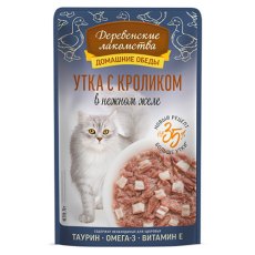 Деревенские лакомства Домашние обеды / Паучи для кошек Утка с Кроликом в нежном желе (цена за упаковку)