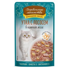 Деревенские лакомства Домашние обеды / Паучи для кошек Утка с Лососем в нежном желе (цена за упаковку)