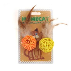 Homecat / Игрушка Хоумкэт для кошек Мячи из ротанга с пером и колокольчиком