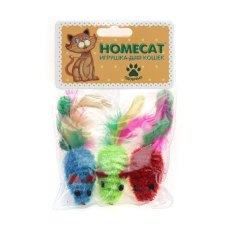 Homecat / Игрушка Хоумкэт для кошек Мышки разноцветные с пером гремящие