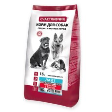 Счастливчик Лайт Сухой корм для взрослых собак Средних и Крупных пород с Говядиной и рисом