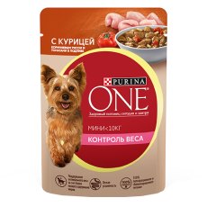 PURINA ONE MINI / Влажный корм Паучи Пурина УАН для взрослых собак мелких пород при склоннности к набору веса с курицей (цена за упаковку)