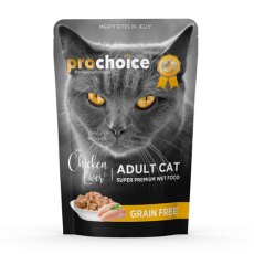 Prochoice Cat Adult Chicken Liver Grain free meaty bites in jelly / Влажный корм Паучи Прочойс для взрослых кошек с Курицей и печенью кусочки в желе (цена за упаковку)