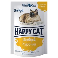 Happy Cat Sterilized / Паучи Хэппи Кэт для Стерилизованных кошек Курочка кусочки в желе (цена за упаковку, Россия)