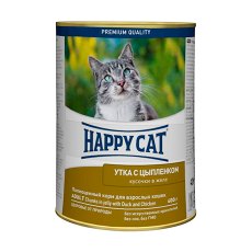 Happy Cat / Консервы Хэппи Кэт для кошек кусочки в Желе Утка и Цыпленок (цена за упаковку)