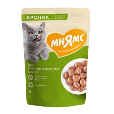 Мнямс Влажный корм Паучи для Стерилизованных кошек Кусочки в соусе с Кроликом (цена за упаковку)