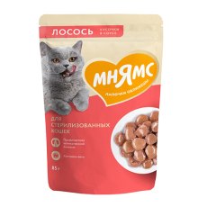 Мнямс Влажный корм Паучи для Стерилизованных кошек Кусочки в соусе с Лососем (цена за упаковку)