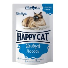 Happy Cat Sterilized / Паучи Хэппи Кэт для Стерилизованных кошек Лосось кусочки в желе (цена за упаковку, Россия)