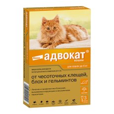 Elanco Адвокат / Капли на холку от Чесоточных Клещей, Блох и Гельминтов для кошек весом до 4 кг