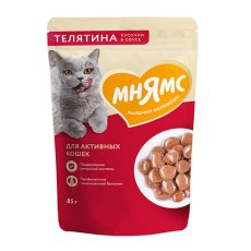 Мнямс Влажный корм Паучи для Активных кошек Кусочки в соусе с Телятиной (цена за упаковку)