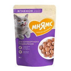 Мнямс Влажный корм Паучи для Комфортного пищеварения у кошек Кусочки в соусе с Ягненком (цена за упаковку)