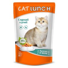 Cat Lunch / Паучи Кэт Ланч для кошек кусочки в желе с Курицей и уткой (цена за упаковку)
