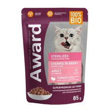 Award Sterilized / Влажный корм Паучи Авард для взрослых Стерилизованных кошек Кусочки в соусе с Индейкой (цена за упаковку)