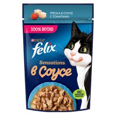 FELIX SENSATIONS / Влажный корм Паучи Феликс Сенсейшенс в соусе для взрослых кошек с треской (цена за упаковку)