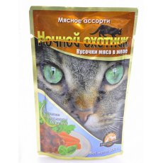 Ночной охотник / Влажный корм Паучи для кошек Мясное ассорти в желе (цена за упаковку)
