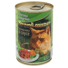 Ночной охотник / Влажный корм Консервы для кошек Телятина Индейка кусочки в соусе (цена за упаковку)