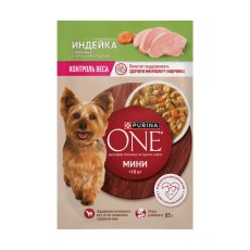 PURINA ONE MINI / Влажный корм Паучи Пурина УАН для взрослых собак мелких пород при склоннности к набору веса с индейкой (цена за упаковку)
