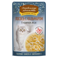 Деревенские лакомства Домашние обеды / Паучи для кошек Лосось с Кальмаром в нежном желе (цена за упаковку)
