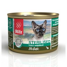 Blitz Holistic Sterilised / Консервы Блиц для Стерилизованных кошек и Кастрированных котов мясной Паштет Утка с Индейкой (цена за упаковку)