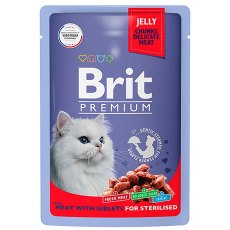 Brit Premium Sterilised Jelly Meat Fith Giblets / Паучи Брит Премиум для Стерилизованных кошек Мясное Ассорти с Потрошками в желе (цена за упаковку)