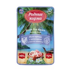 Родные Корма / Паучи Морская серия для Кошек филе Курицы с Кальмаром в соусе по-Азиатски (цена за упаковку)
