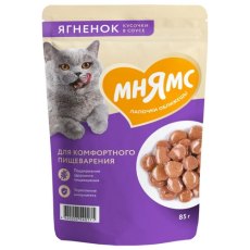Мнямс Влажный корм Паучи для Комфортного пищеварения у кошек Кусочки в соусе с Ягненком (цена за упаковку)