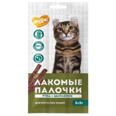 Мнямс Лакомство для кошек Лакомые палочки 13,5 см Цыпленок и Утка