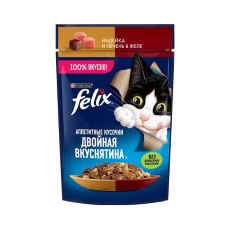 FELIX АППЕТИТНЫЕ КУСОЧКИ ДВОЙНАЯ ВКУСНЯТИНА / Влажный корм Паучи Феликс Аппетитные кусочки для взрослых кошек с индейкой и печенью (цена за упаковку)