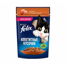 FELIX АППЕТИТНЫЕ КУСОЧКИ / Влажный корм Паучи Пурина Феликс Аппетитные кусочки для взрослых кошек с курицей и томатами (цена за упаковку)