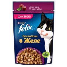 FELIX SENSATIONS / Влажный корм Паучи Феликс Сенсейшенс в желе для взрослых кошек с уткой (цена за упаковку)