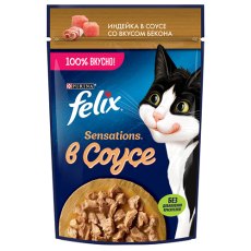 FELIX SENSATIONS / Влажный корм Паучи Феликс Сенсейшенс в соусе для взрослых кошек с индейкой (цена за упаковку)