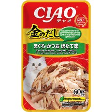 Inaba Ciao Kinnodashi / Паучи Инаба для кошек Тунец Магуро и тунец Кацуо со вкусом морского гребешка (цена за упаковку)