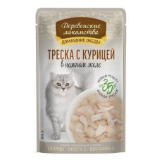 Деревенские лакомства / Паучи для кошек Треска с курицей в нежном желе (цена за упаковку)