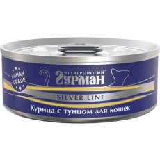 Четвероногий Гурман Silver Line / Консервы Серебряная линия для кошек Курица с тунцом (цена за упаковку)