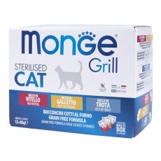 Monge Grill Mix / Набор влажных кормов Монж для стерилизованных кошек Телятина Курица Форель (цена за упаковку)