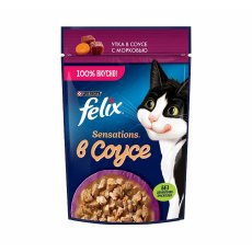 FELIX SENSATIONS / Влажный корм Паучи Феликс Сенсейшенс в соусе для взрослых кошек с уткой (цена за упаковку)