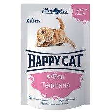 Happy Cat / Паучи Хэппи Кэт для Котят Телятина кусочки в желе (цена за упаковку, Россия)