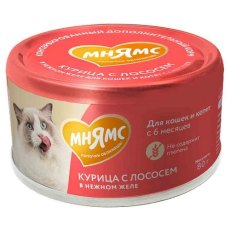 Мнямс Влажный корм для кошек и котят старше 6 месяцев Курица с лососем в нежном желе (цена за упаковку)